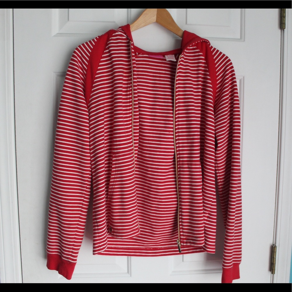 Red and white striped zip up